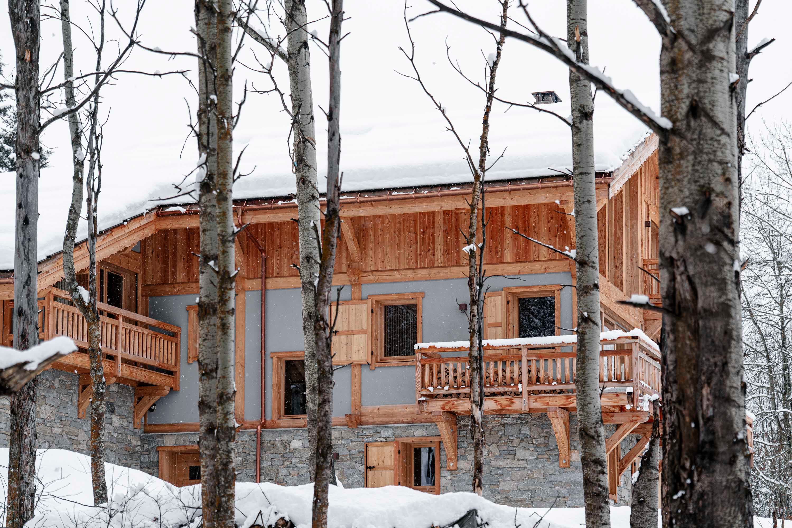 Chalet vu à travers les bouleaux enneigés, balcons et volets en bois